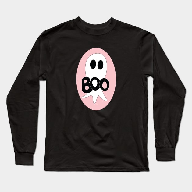 Cute Halloween ghost cartoon with BOO text Long Sleeve T-Shirt by Angel Dawn Design